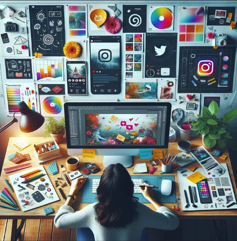 A creative workspace where digital artists or social media marketing are planning and creating content for Instagram Stories, emphasizing the strategic and creative process involved.