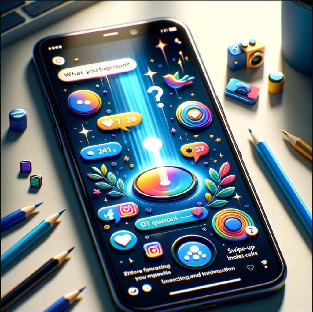 This image highlights the interactive elements of Instagram Stories, like polls, question boxes, and swipe-up links, showcasing how these features can engage and interact with the audience.
